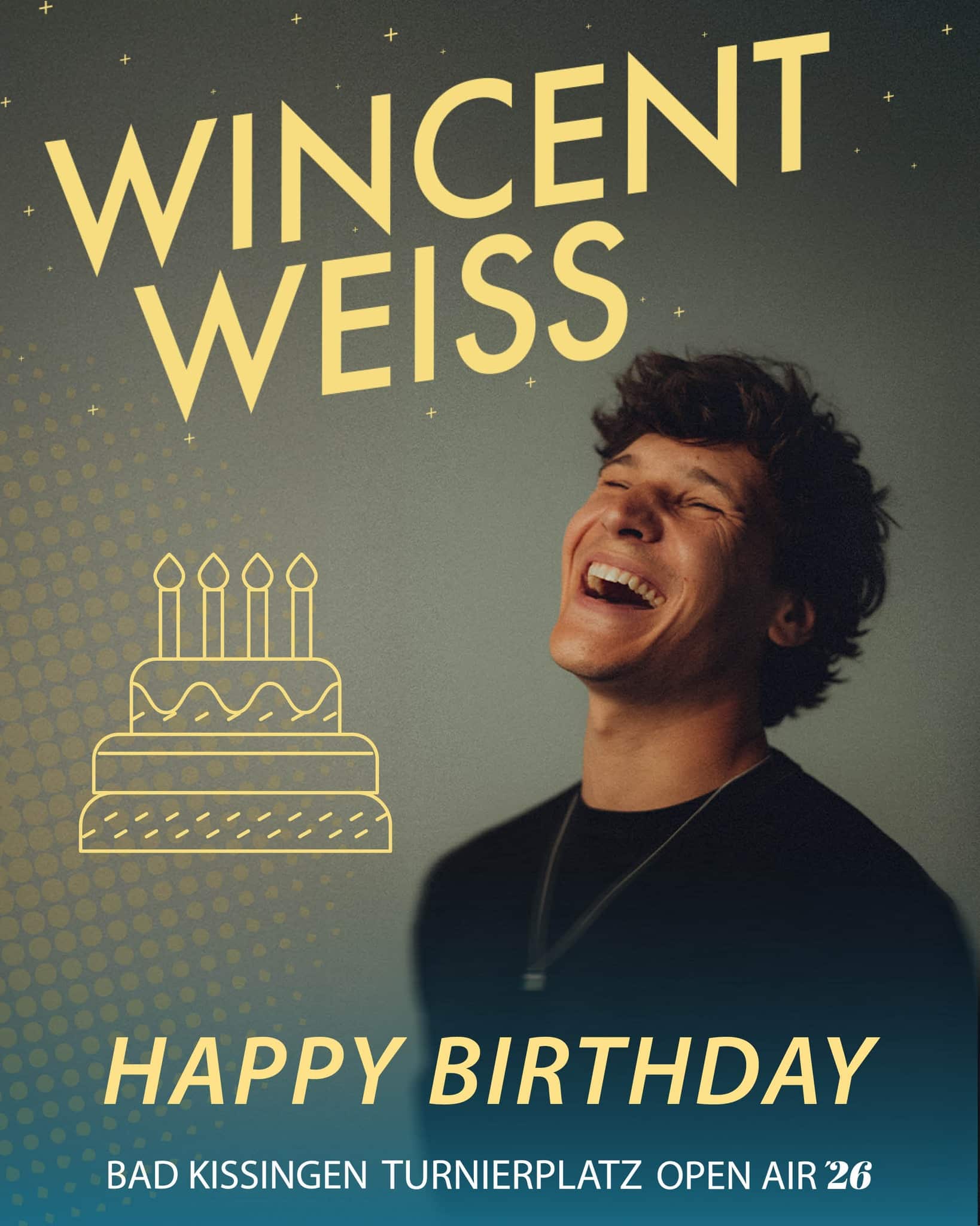 🎉 𝐇𝐚𝐩𝐩𝐲 𝐁𝐢𝐫𝐭𝐡𝐝𝐚𝐲, 𝐥𝐢𝐞𝐛𝐞𝐫 𝐖𝐢𝐧𝐜𝐞𝐧𝐭 𝐖𝐞𝐢𝐬𝐬! 🎂✨

Wir wünschen dir von Herzen alles Liebe, Gesundheit und ganz viele weitere musikalische Gänsehautmomente! 💛🎶

Danke für deine Songs, deine Ehrlichkeit und die Emotionen, die du mit deiner Musik so vielen Menschen schenkst.

Wir freuen uns jetzt schon riesig darauf, dich 2026 beim Bad Kissingen Turnierplatz Open Air live zu erleben! 🎤☀️

Genieß deinen Tag! 🥳

#HappyBirthday #WincentWeiss #BadKissingenTurnierplatzOpenAir