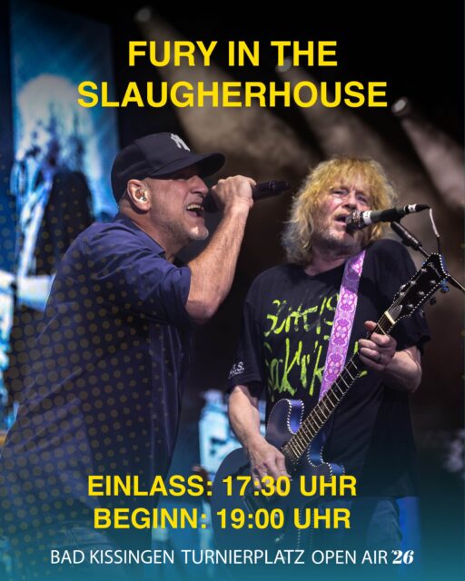 WETTERUPDATE FÜR HEUTE ABEND! 

Heute geht’s weiter beim Bad Kissingen Turnierplatz Open Air 2026, mit Fury in the Slaughterhouse und Pohlmann. 🙌

Und das Wetter? Sieht für den größten Teil des Abends ziemlich gut aus: Zum Einlass erwarten uns rund 23 °C und viele Wolken, zunächst ohne Regen. 

Zwischen 20 und 21 Uhr besteht aktuell allerdings Gewittergefahr. Danach soll es wieder trocken weitergehen.

Deshalb unsere Bitte: Behalte das Wetter im Blick und packt euch vorsichtshalber einen Regenponcho ein. ☔️

Regenschirme bitte zu Hause lassen.

🚪 Einlass: 17:30 Uhr
🎶 Beginn: 19:00 Uhr

Wir freuen uns riesig auf den zweiten Abend mit euch – bis später auf dem Turnierplatz!