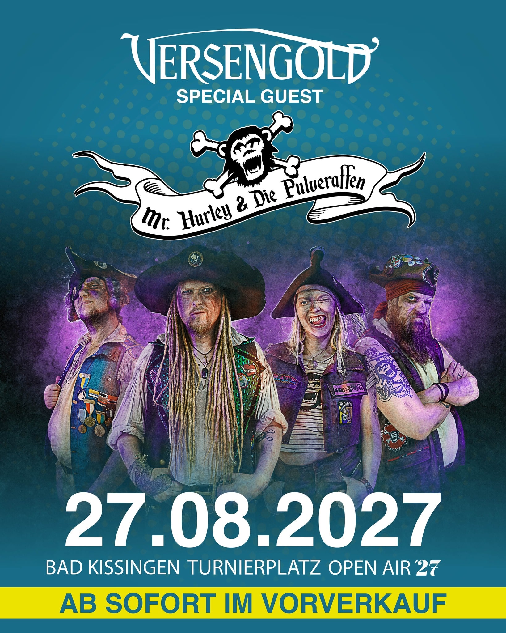𝐏𝐢𝐫𝐚𝐭𝐞𝐧-𝐏𝐨𝐰𝐞𝐫 𝐚𝐮𝐟 𝐝𝐞𝐦 𝐓𝐮𝐫𝐧𝐢𝐞𝐫𝐩𝐥𝐚𝐭𝐳! 

Wenn VERSENGOLD am 27. August 2027 mit ihrem „FOLK SOMMER 2027“ nach Bad Kissingen kommen, reisen sie nicht allein an: 

Als Special Guest sind MR. HURLEY & DIE PULVERAFFEN mit an Bord! 

Und wer die vier Folk-Freibeuter schon einmal live erlebt hat, weiß: Hier wird nicht lange gefackelt! Mit humorvollen Texten, mitreißenden Melodien, ordentlich Druck und jeder Menge Piratencharme sorgen MR. HURLEY & DIE PULVERAFFEN garantiert dafür, dass der Turnierplatz schon früh am Abend ordentlich in Bewegung kommt. 

Mit Songs wie „SOS“, „Piraten: Megageil!“ oder „Zu Fuß“ im Gepäck freuen wir uns auf jede Menge Lebensfreude, Abenteuerlust und eine gehörige Portion Selbstironie.

Und danach? Übernehmen VERSENGOLD die Bühne und machen unseren Folk-Rock-Abend perfekt!

📅 Freitag, 27.08.2027
📍 Bad Kissingen Turnierplatz Open Air
🎤 VERSENGOLD – FOLK SOMMER 2027
🏴‍☠️ Special Guest: MR. HURLEY & DIE PULVERAFFEN

Tickets an allen bekannten Vorverkaufsstellen!

Foto: Felina Schmeckenbecher