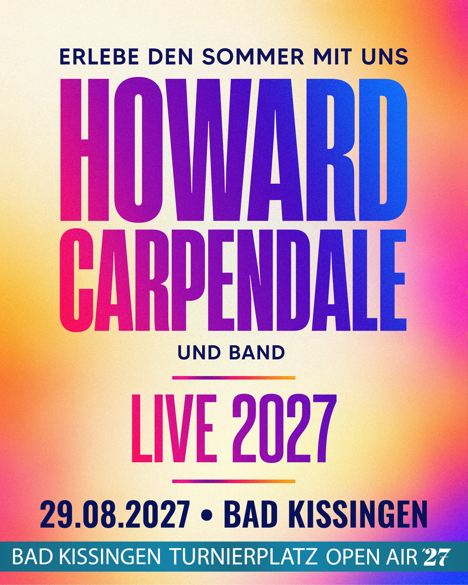 🎉 HOWARD CARPENDALE KOMMT NACH BAD KISSINGEN! 💛🎶

Der nächste Act für das Bad Kissingen Turnierplatz Open Air 2027 steht fest – und wir freuen uns riesig! 😍

Am 29. August 2027 begrüßen wir HOWARD CARPENDALE UND BAND live auf dem Turnierplatz!

Freut euch auf einen unvergesslichen Sommerabend mit einer der bekanntesten Stimmen der deutschen Musikszene, großen Hits, jeder Menge Emotionen und ganz viel Gänsehaut. ✨

Ob „Hello Again“, „Ti Amo“ oder „Nachts, wenn alles schläft“ – diese Songs können Generationen mitsingen! 🎤💛

📅 Sonntag, 29.08.2027
📍 Bad Kissingen Turnierplatz Open Air
🎶 Howard Carpendale und Band – LIVE 2027

🎟️ Der Vorverkauf startet HEUTE!

👉 Ab sofort im Eventim Presale
👉 Ab Montag, 12:00 Uhr, bei allen bekannten Vorverkaufsstellen!

Also sichert euch eure Tickets und freut euch mit uns auf einen wunderschönen Open-Air-Abend im Sommer 2027! ☀️

Wer von euch ist bei Howard Carpendale dabei? 😍